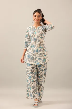 Marine Jaal On Off White Cotton Flex Palazzo Loungewear Set