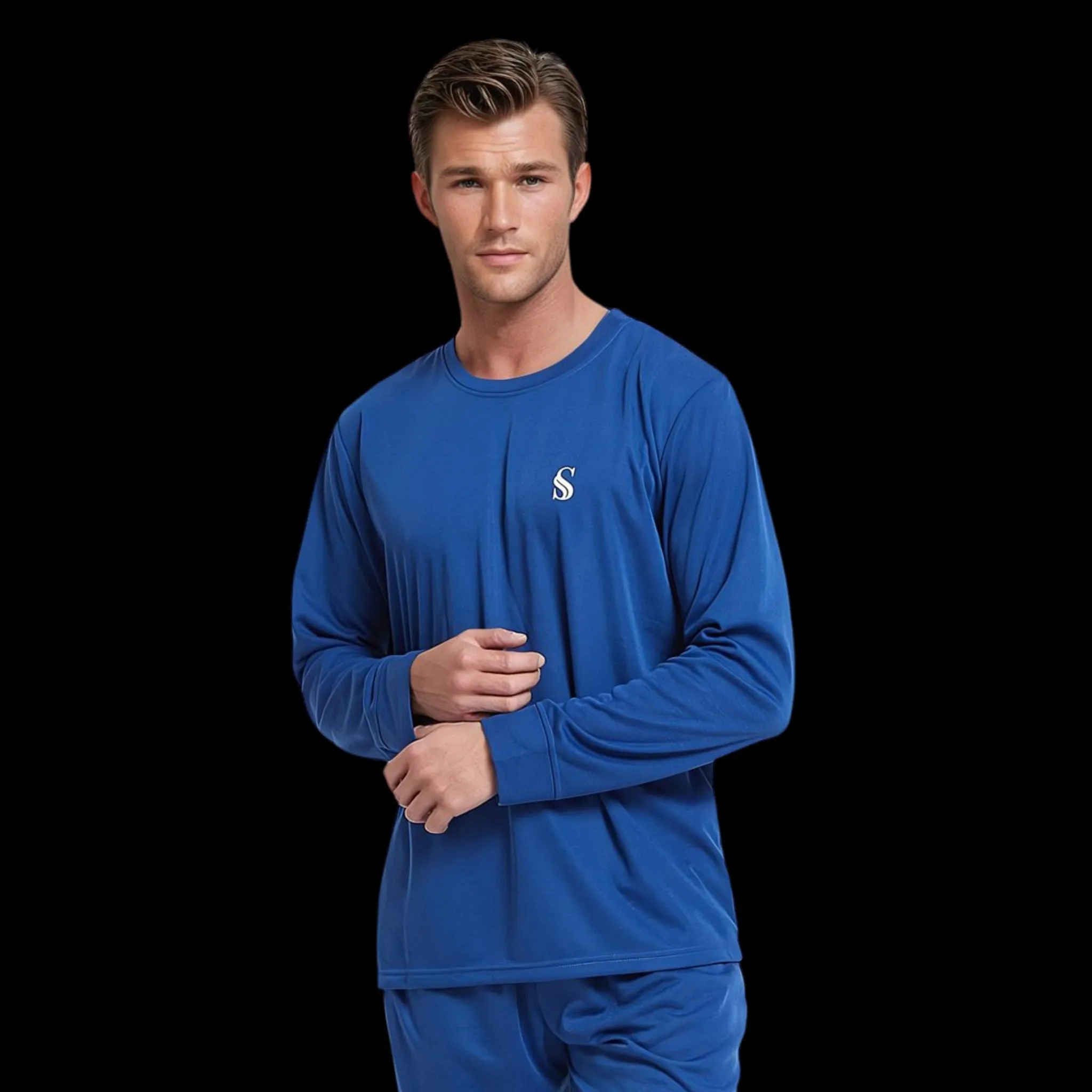 Men's Brushed Loungewear Set: Blue Jogger-Style Long-Sleeve Pyjamas.