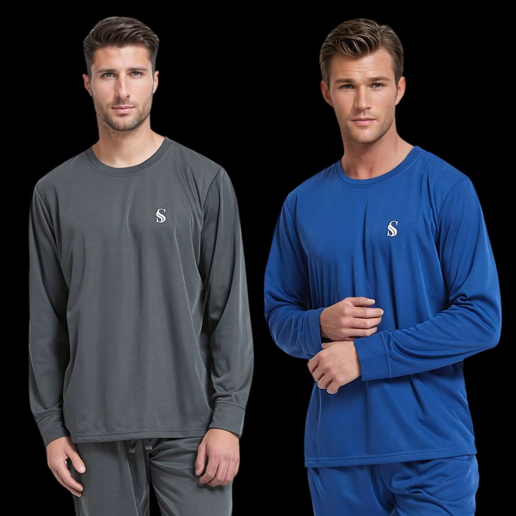 Men's Brushed Loungewear Set: Blue Jogger-Style Long-Sleeve Pyjamas.