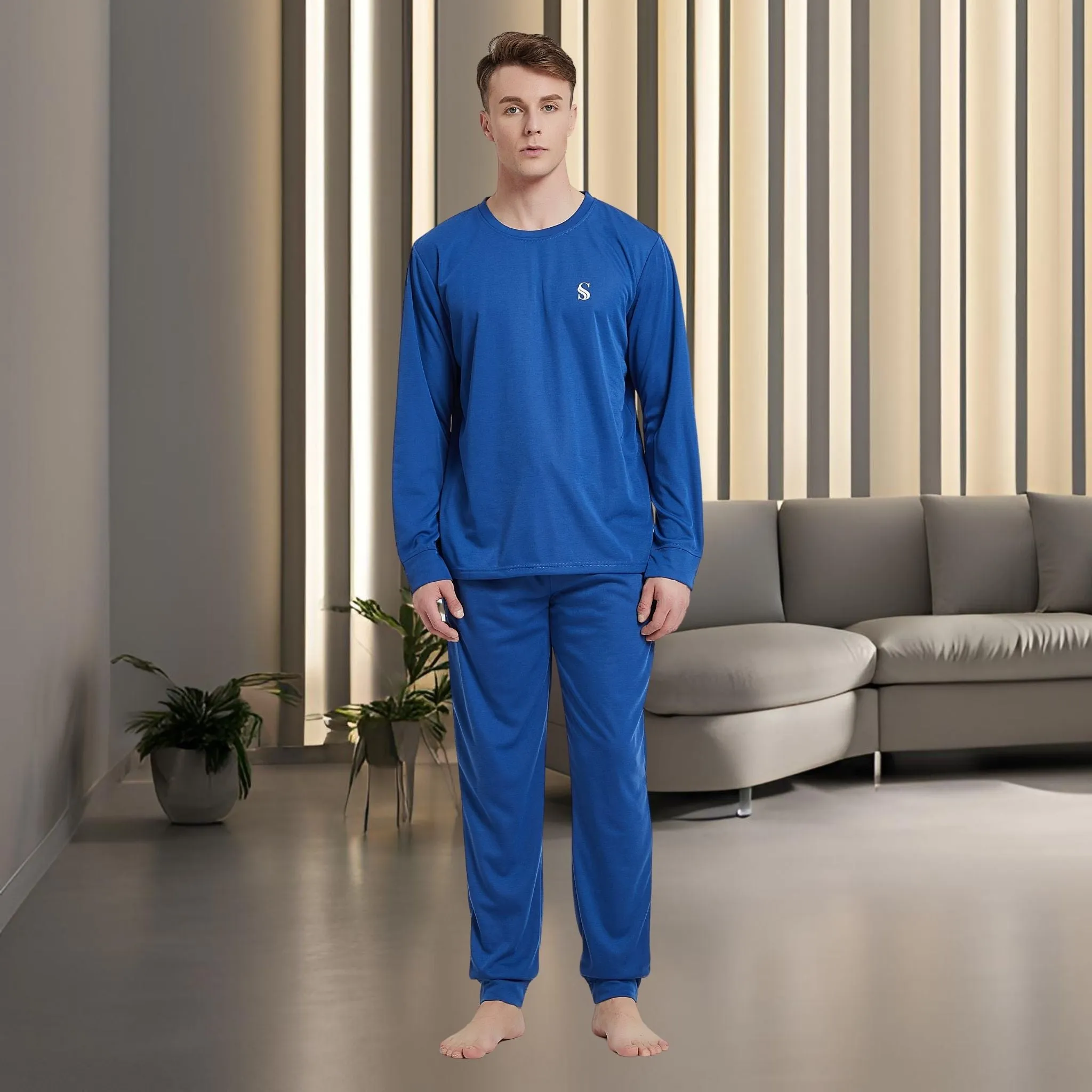 Men's Brushed Loungewear Set: Blue Jogger-Style Long-Sleeve Pyjamas.