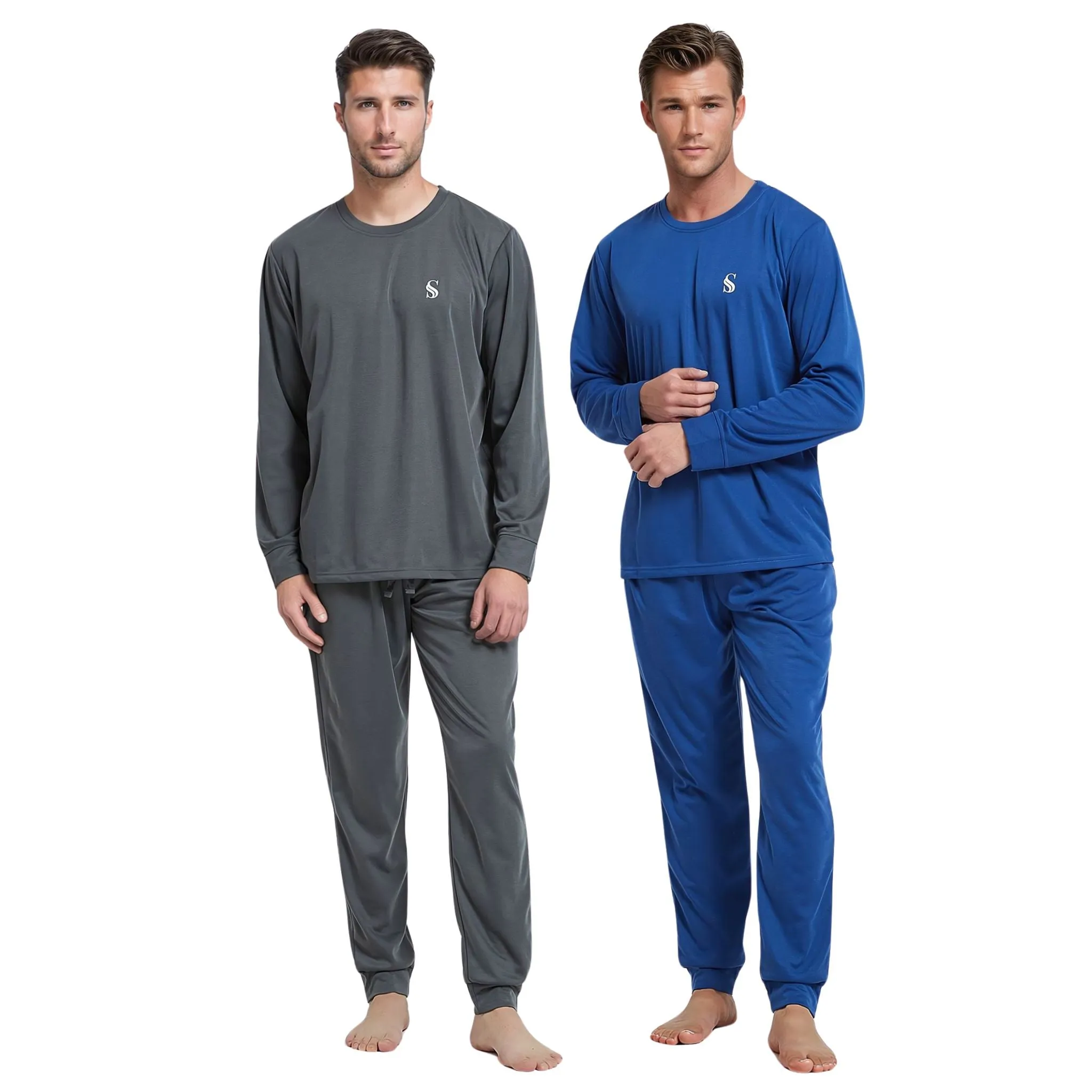 Men's Brushed Loungewear Set: Blue Jogger-Style Long-Sleeve Pyjamas.