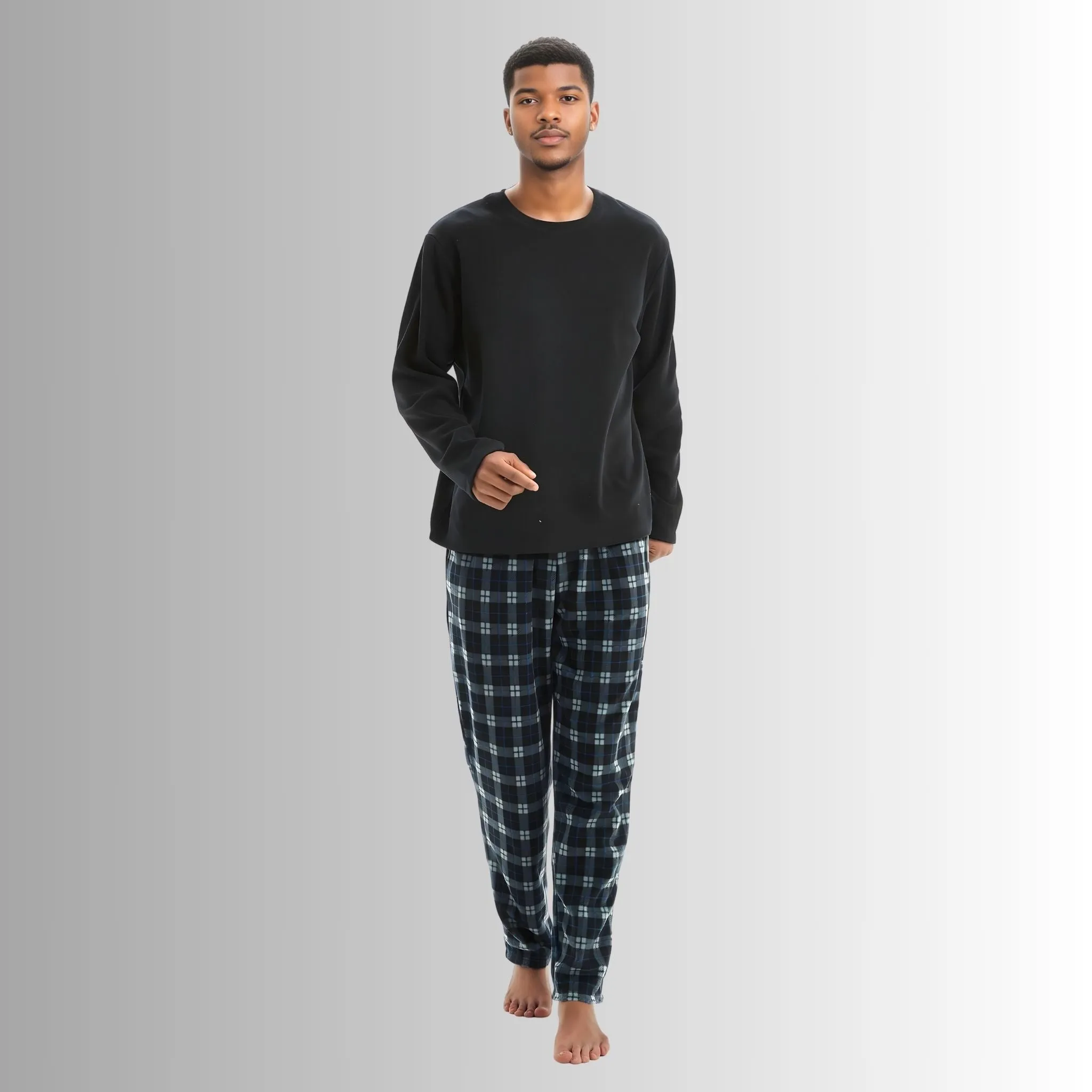 Men's Pyjamas Set Long Sleeve Black Comfy Fleece Loungewear.