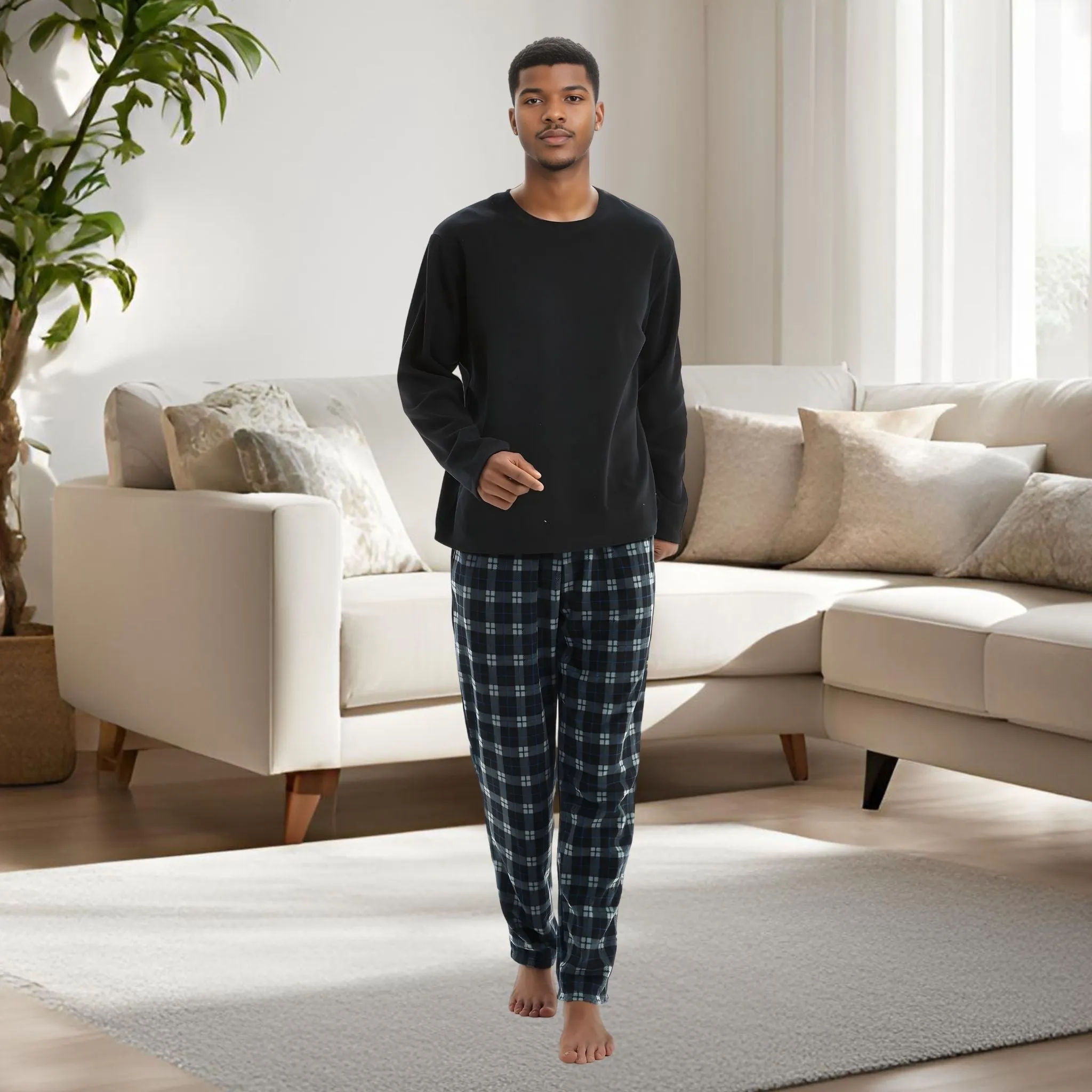 Men's Pyjamas Set Long Sleeve Black Comfy Fleece Loungewear.