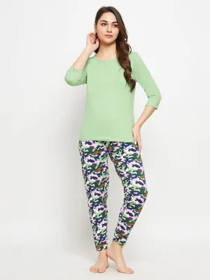 Mint Green Cotton Chic Basic Top & Camouflage Print Pyjama