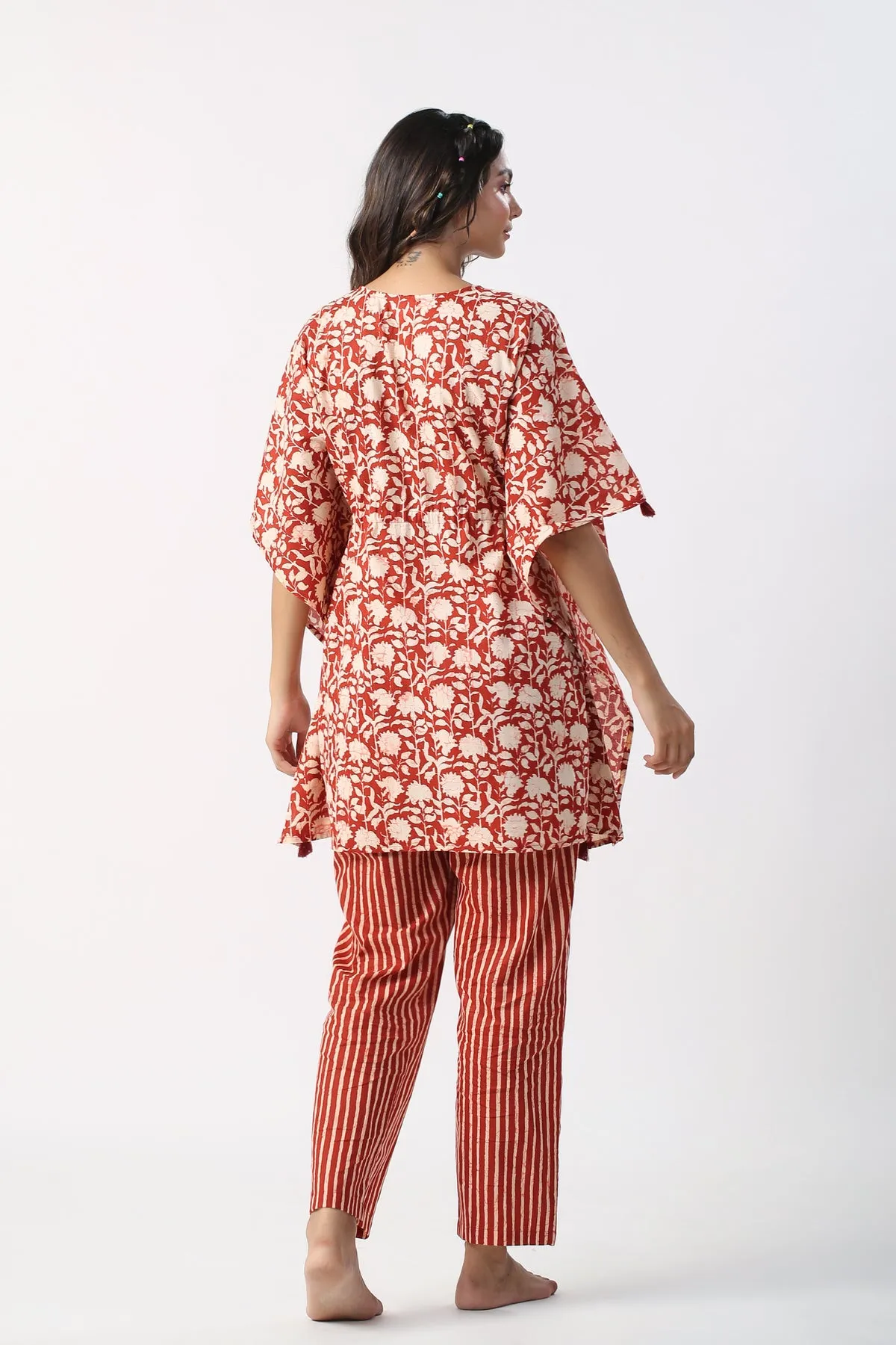 Monochrome maroon Jaal with Stripes Cotton Kaftan Pajama set