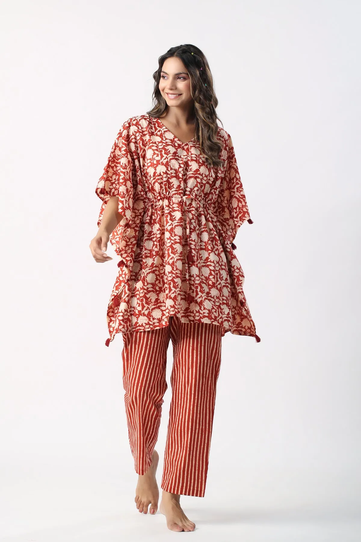 Monochrome maroon Jaal with Stripes Cotton Kaftan Pajama set