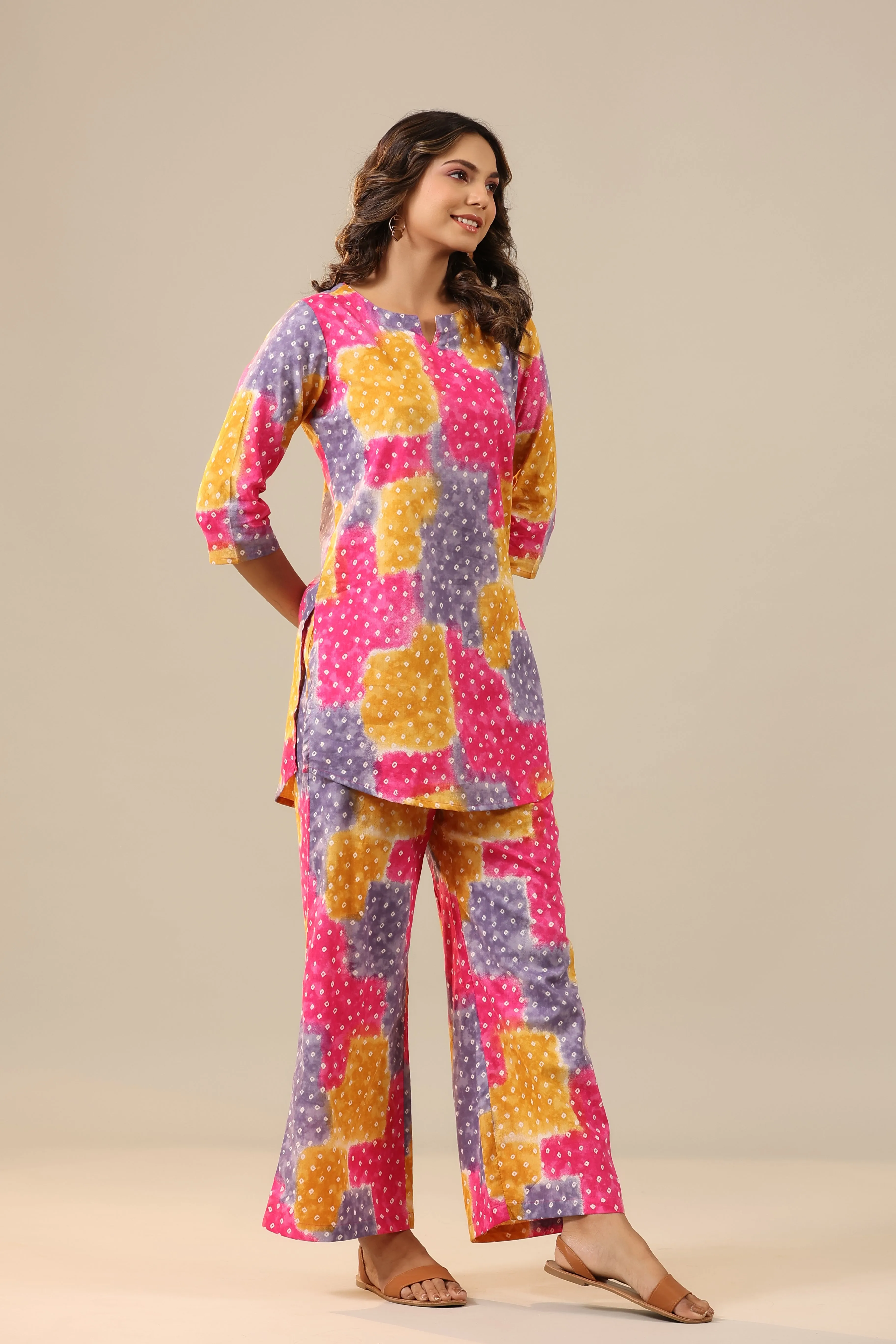 Multicoloured Bandhej on Palazzo Loungewear Set