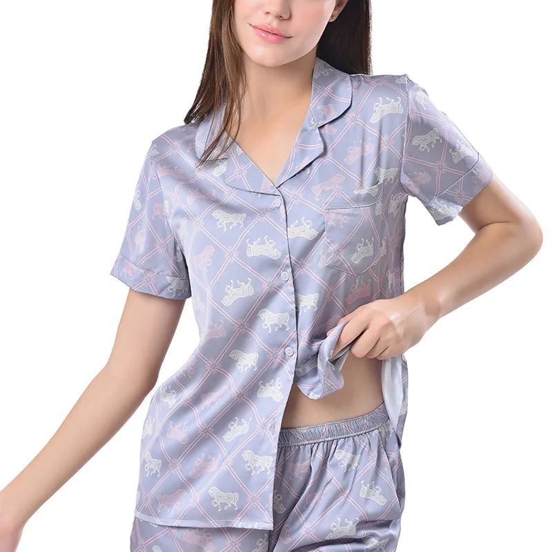 Pajamas Short Set Sleepwear Soft and Comfy Button Down Purple Horse Printed