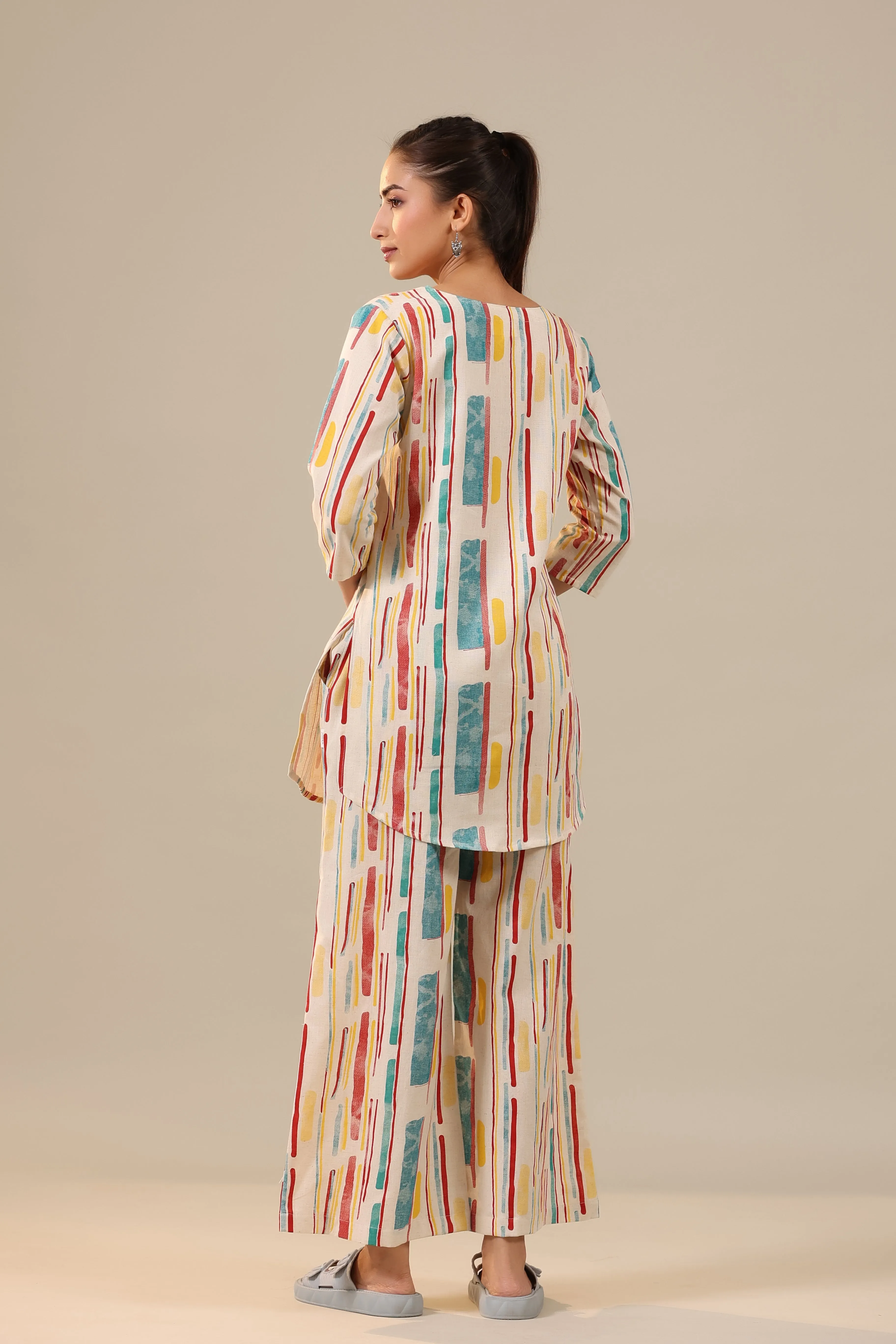 Parallel Abstract Lines on Off White Cotton Flex Palazzo Loungewear Set