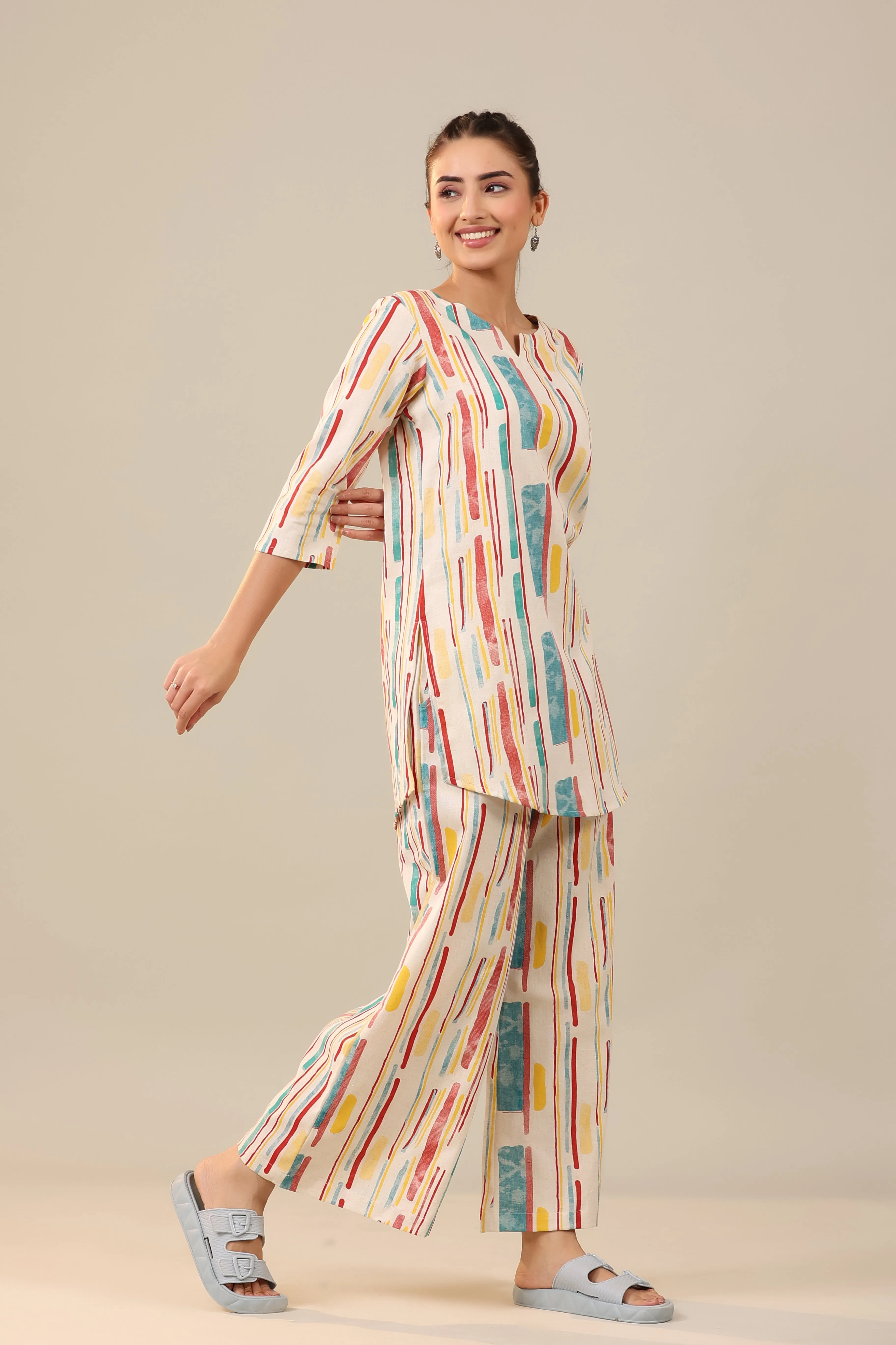 Parallel Abstract Lines on Off White Cotton Flex Palazzo Loungewear Set