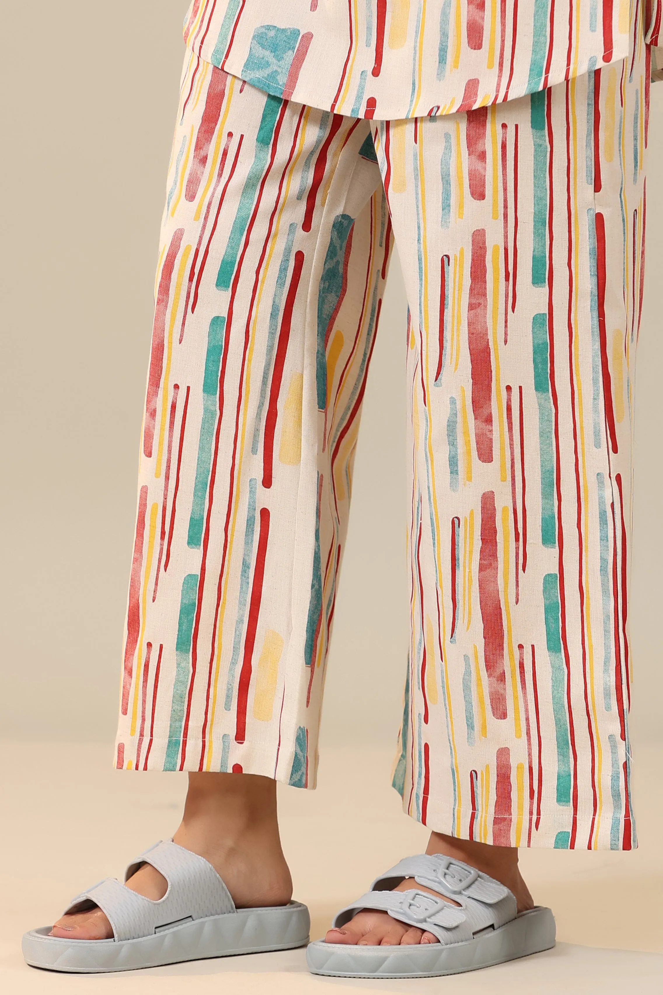 Parallel Abstract Lines on Off White Cotton Flex Palazzo Loungewear Set