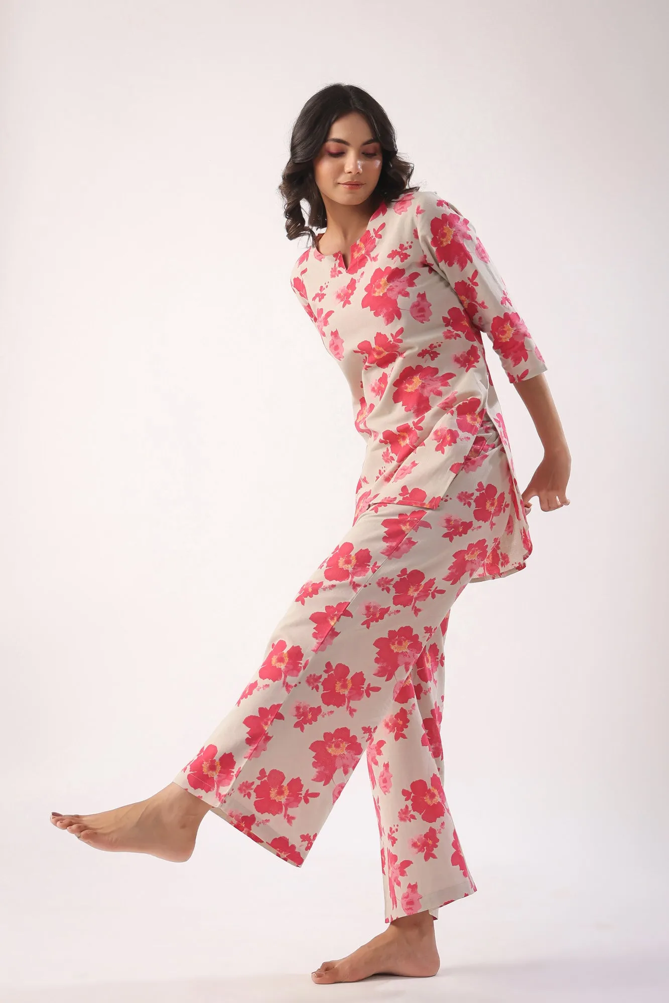 Pink Flowers on Light Green Palazzo Loungewear Set