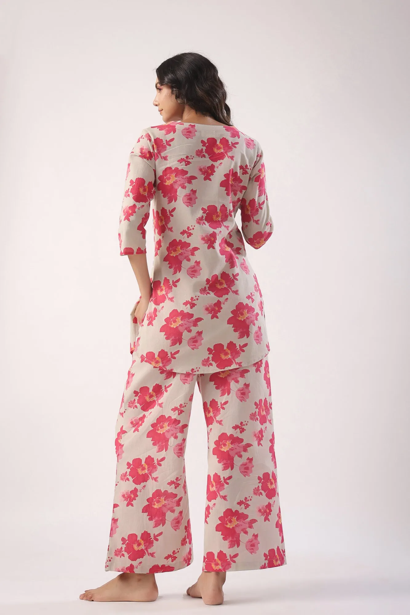 Pink Flowers on Light Green Palazzo Loungewear Set