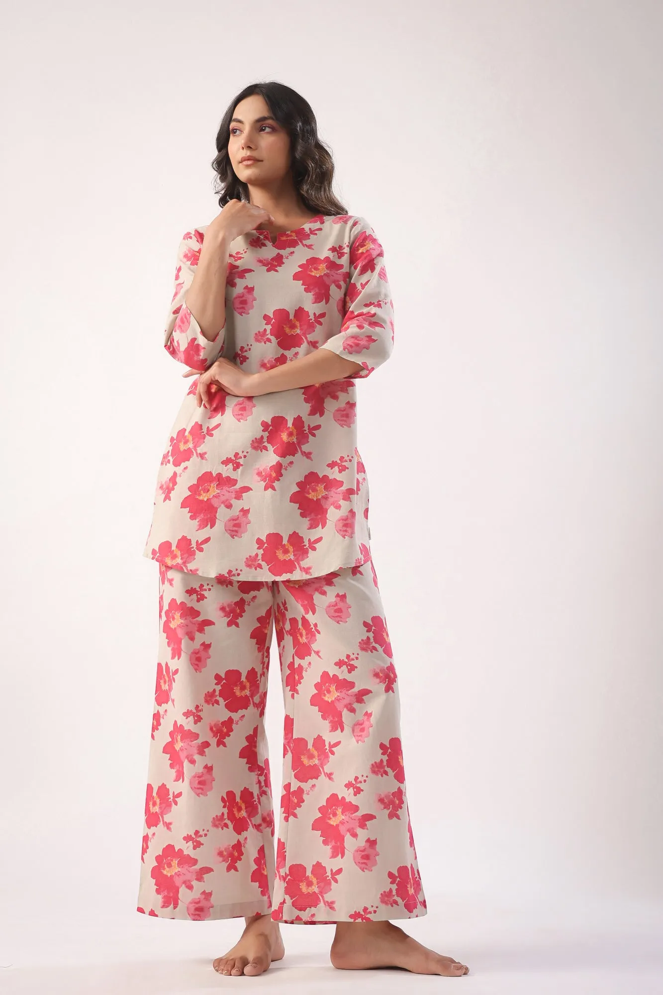 Pink Flowers on Light Green Palazzo Loungewear Set