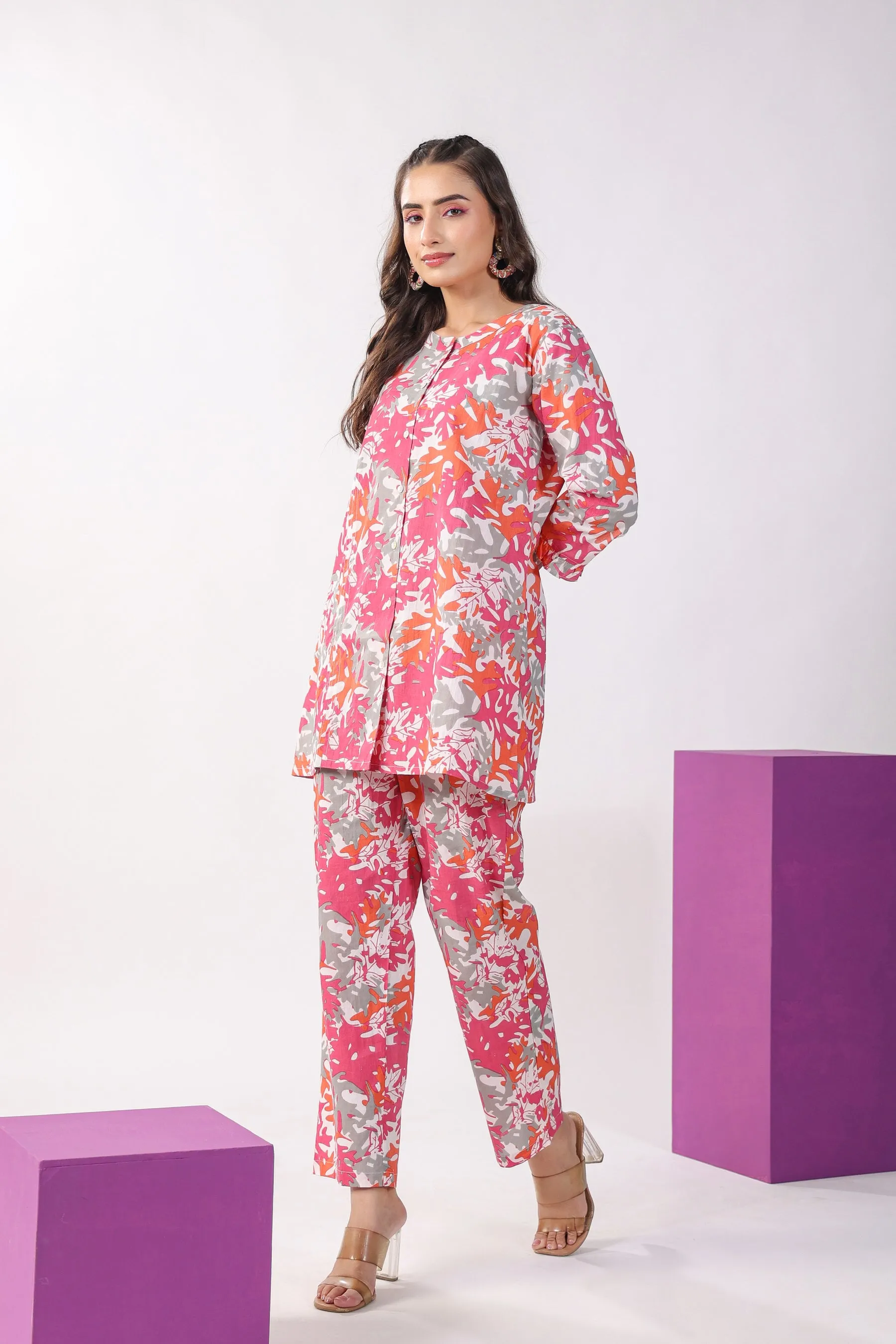 Pink Leaves on Lounge Cotton Loungewear Top Set