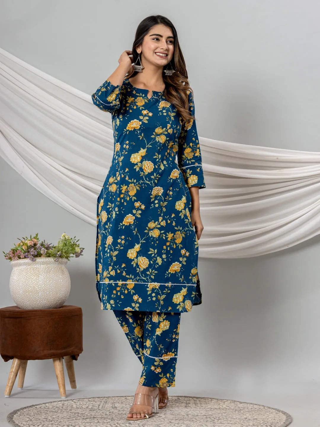 Pure Cotton Floral Printed Kurta Trouser Co-Ord Sets - Blue