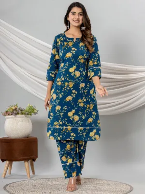 Pure Cotton Floral Printed Kurta Trouser Co-Ord Sets - Blue