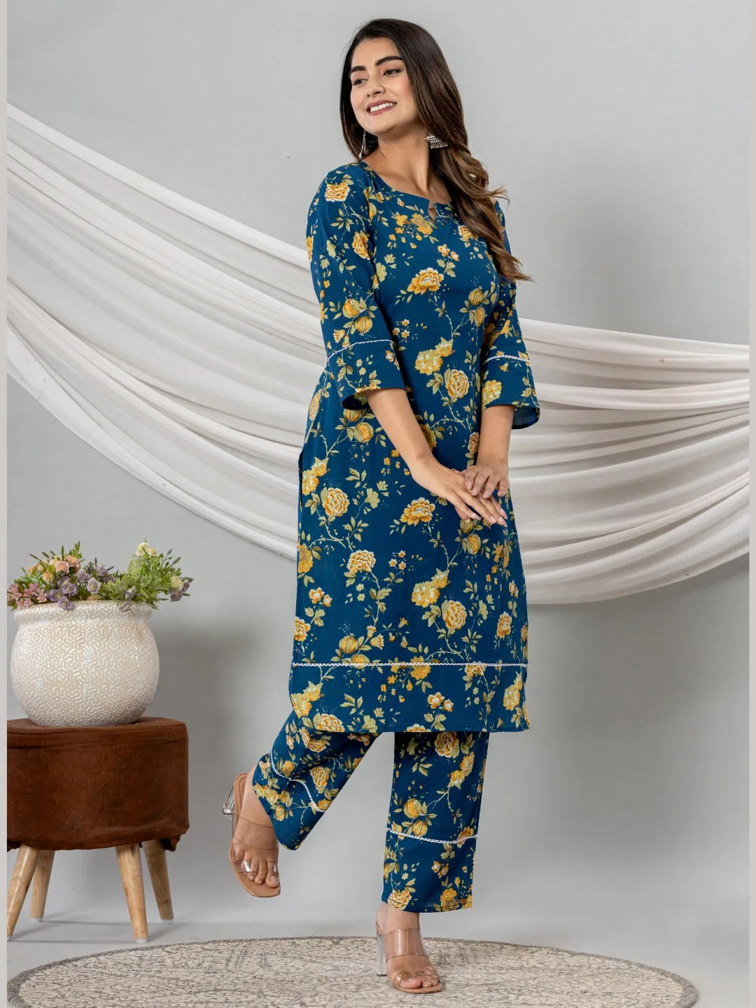 Pure Cotton Floral Printed Kurta Trouser Co-Ord Sets - Blue