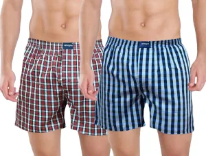 Red & Blue Checks Cotton Boxers For Men (Pack Of 2)