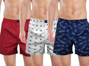 Red Helicopter Grey Navy Fish Printed Cotton Funky 3 Boxers Combo