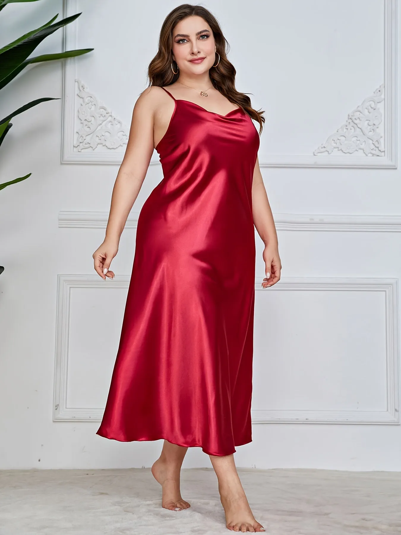 Sensual Elegance Women's Plus Size Luxe Satin Cowl Neck Maxi Nightgown