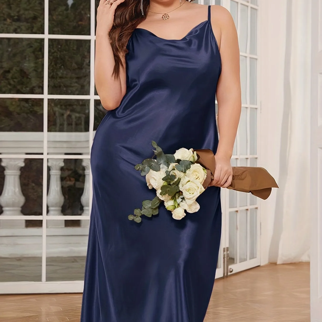 Sensual Elegance Women's Plus Size Luxe Satin Cowl Neck Maxi Nightgown