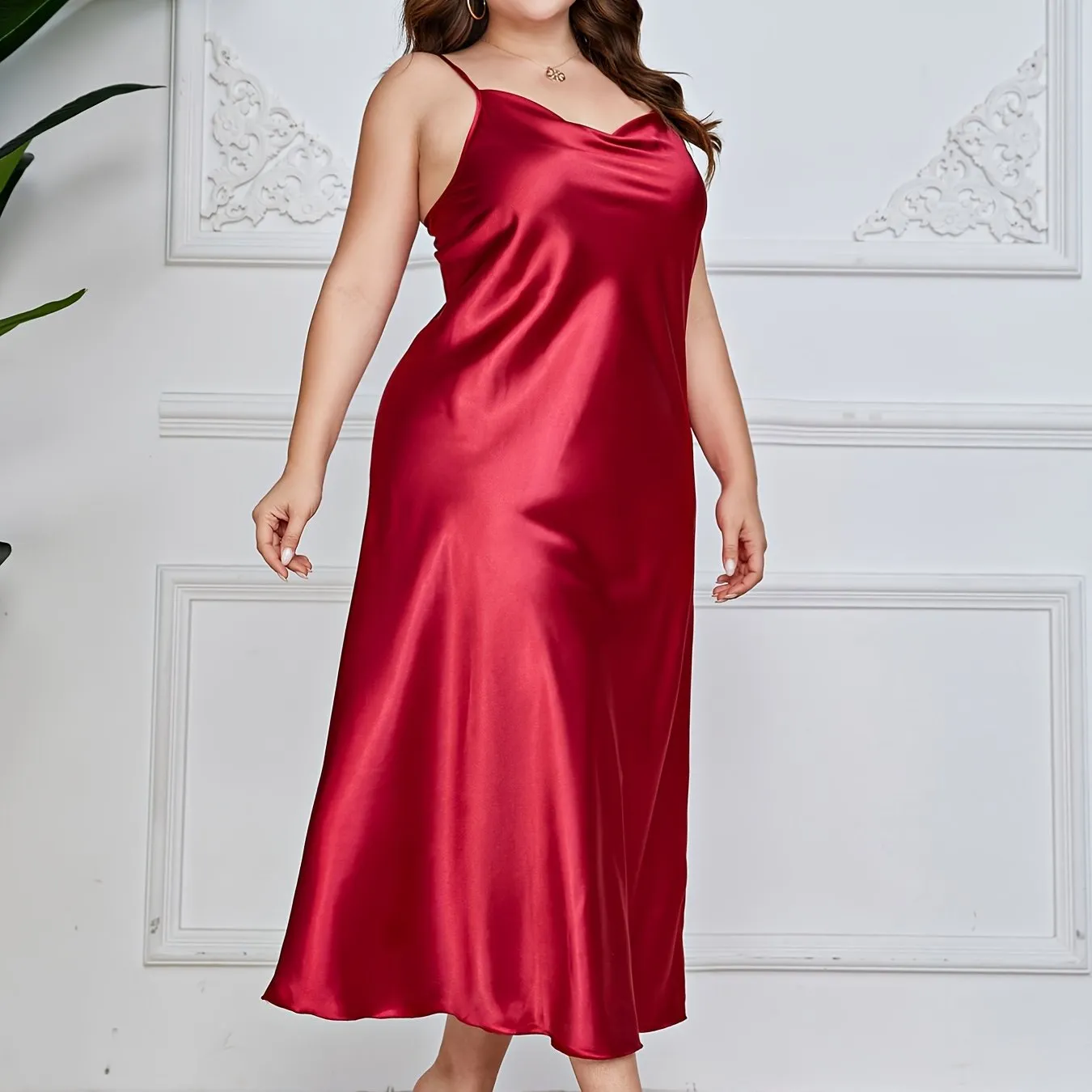 Sensual Elegance Women's Plus Size Luxe Satin Cowl Neck Maxi Nightgown