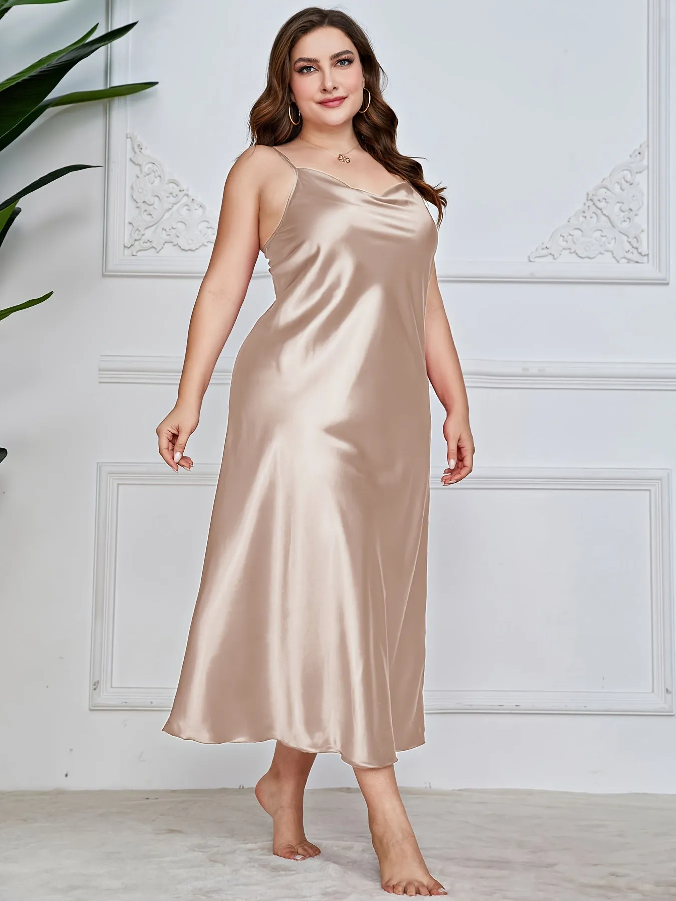 Sensual Elegance Women's Plus Size Luxe Satin Cowl Neck Maxi Nightgown