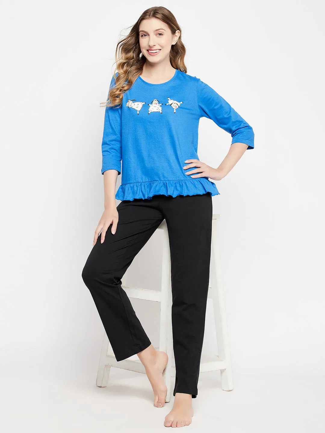 Sky Blue Cotton Graphic Print Top & Chic Basic Pyjama