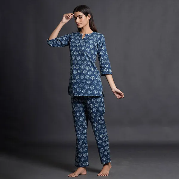 Stamped Motifs On Blue Loungewear Top Set