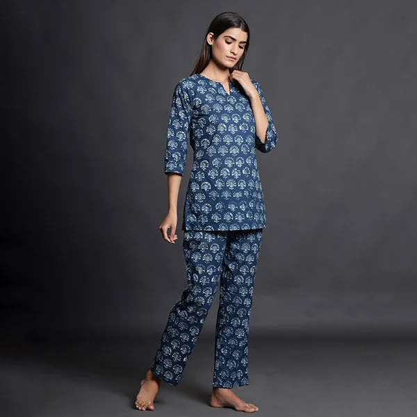 Stamped Motifs On Blue Loungewear Top Set