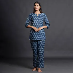 Stamped Motifs On Blue Loungewear Top Set