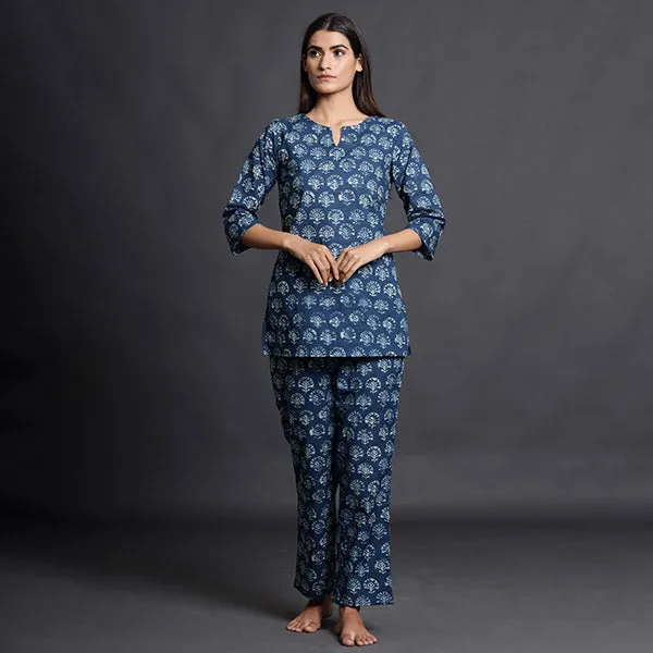 Stamped Motifs On Blue Loungewear Top Set