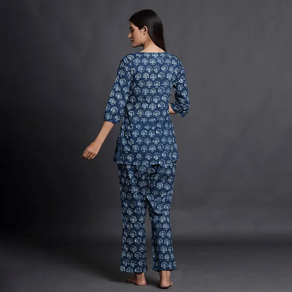 Stamped Motifs On Blue Loungewear Top Set