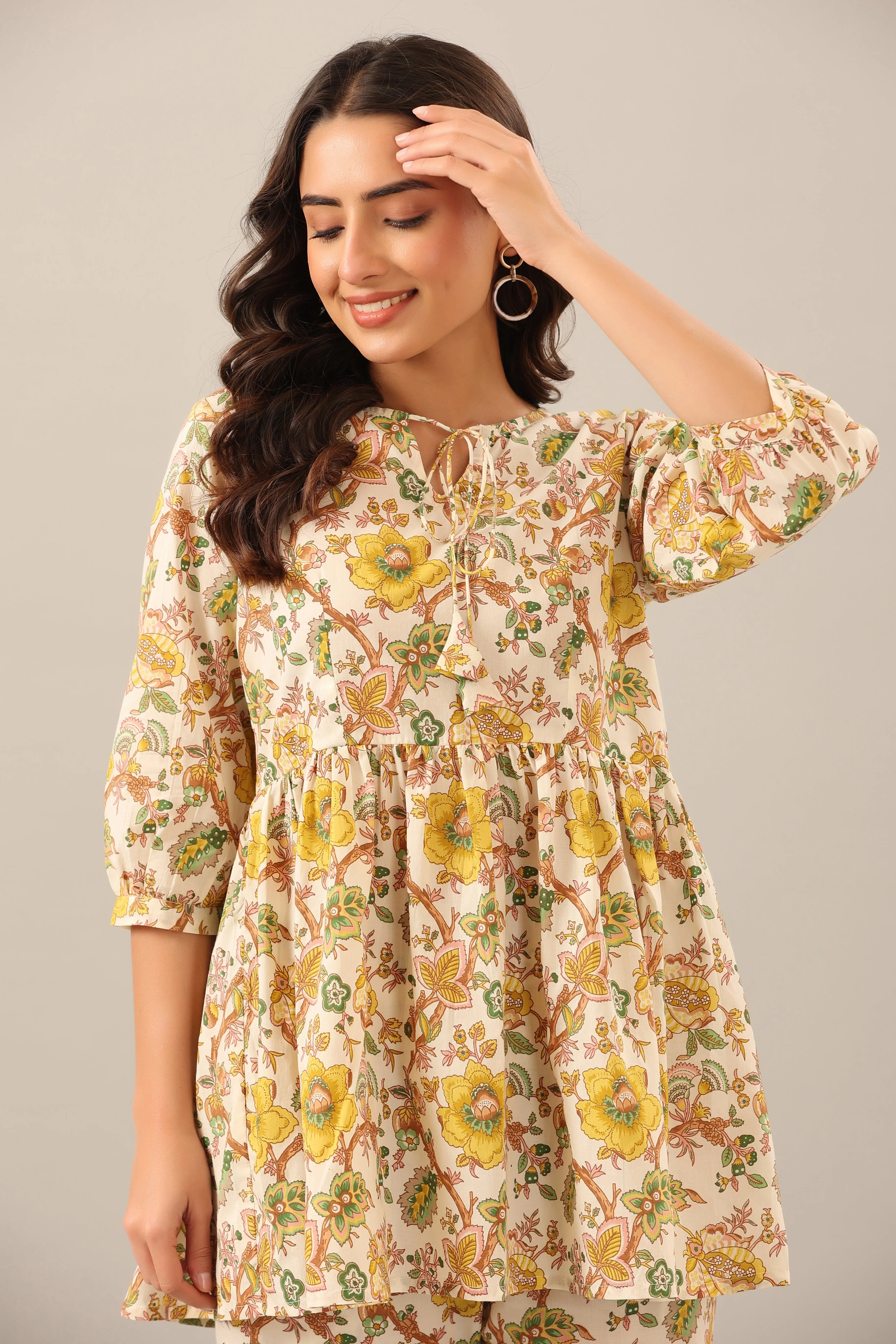 Sunflower on beige Cotton Peplum Loungewear Top Set