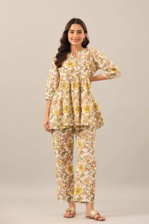 Sunflower on beige Cotton Peplum Loungewear Top Set