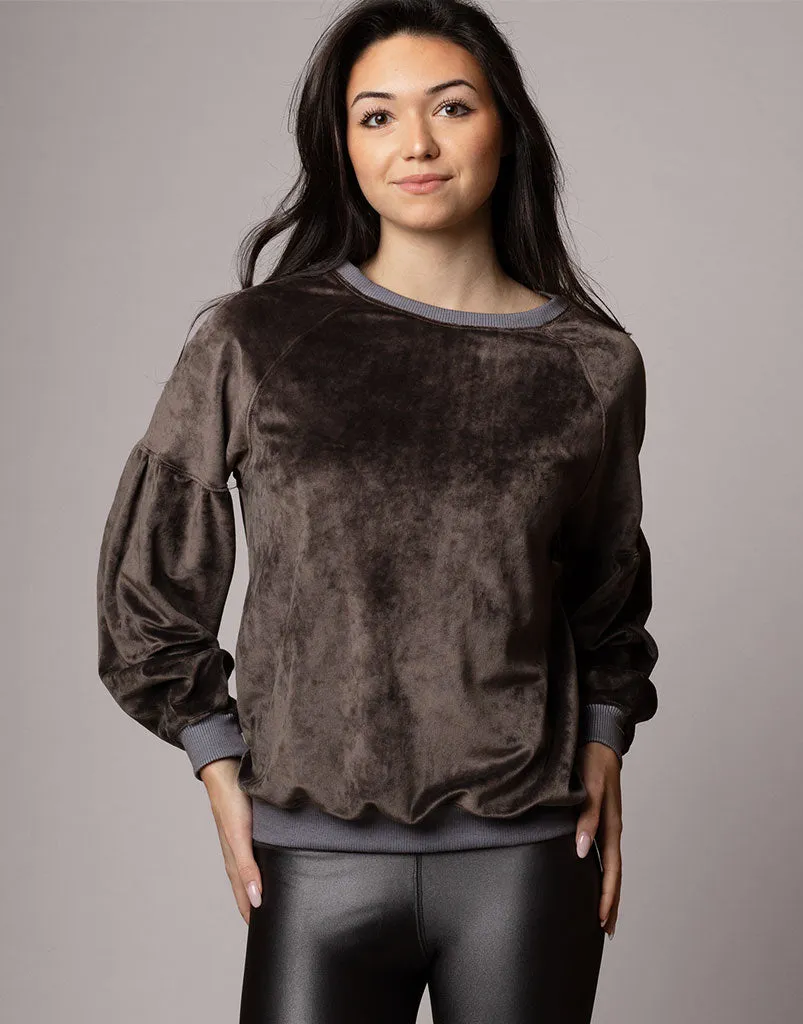 Velour Gathered Sleeve Pullover Coffee