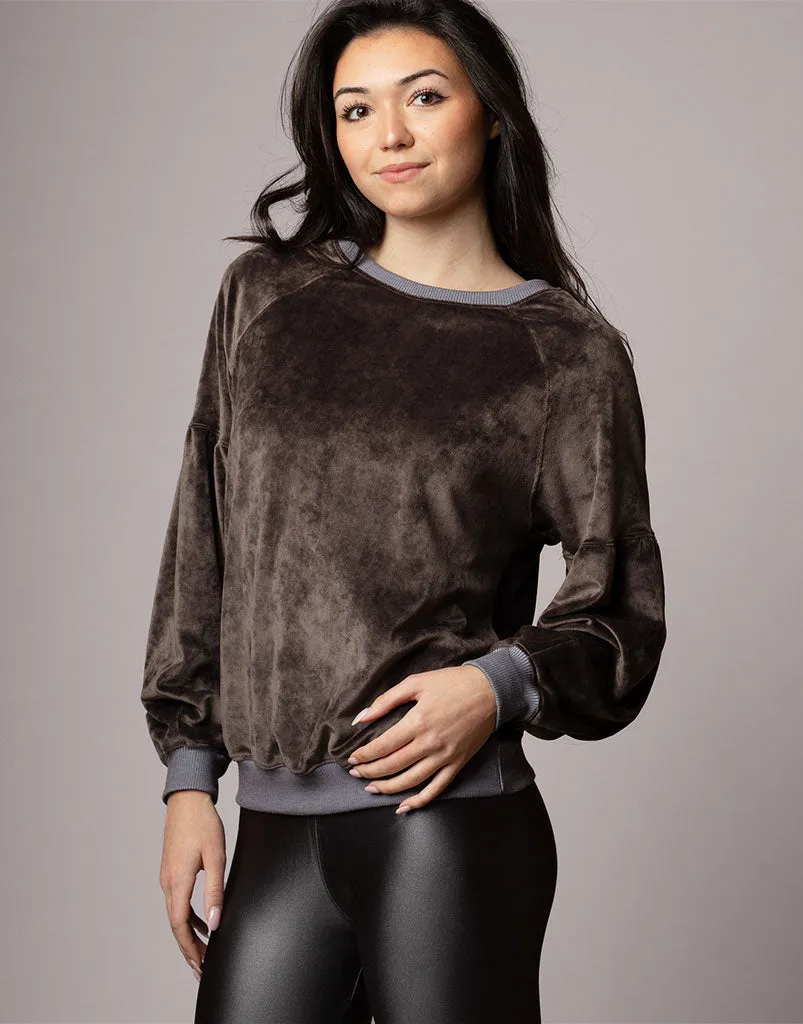 Velour Gathered Sleeve Pullover Coffee