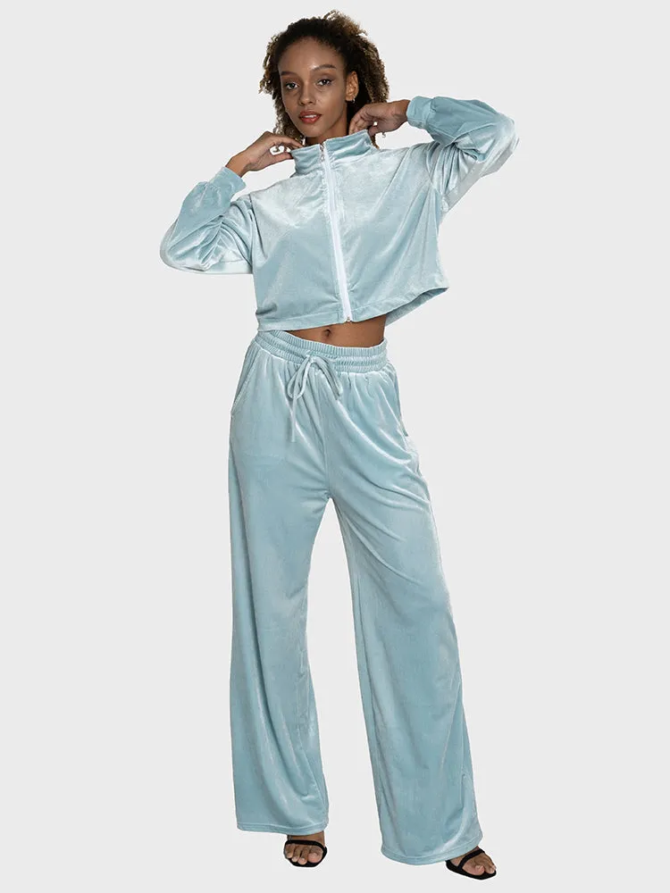 Velvet Casual Semi-Cropped Jacket & Elastic Waist Wide-Leg Trousers Set