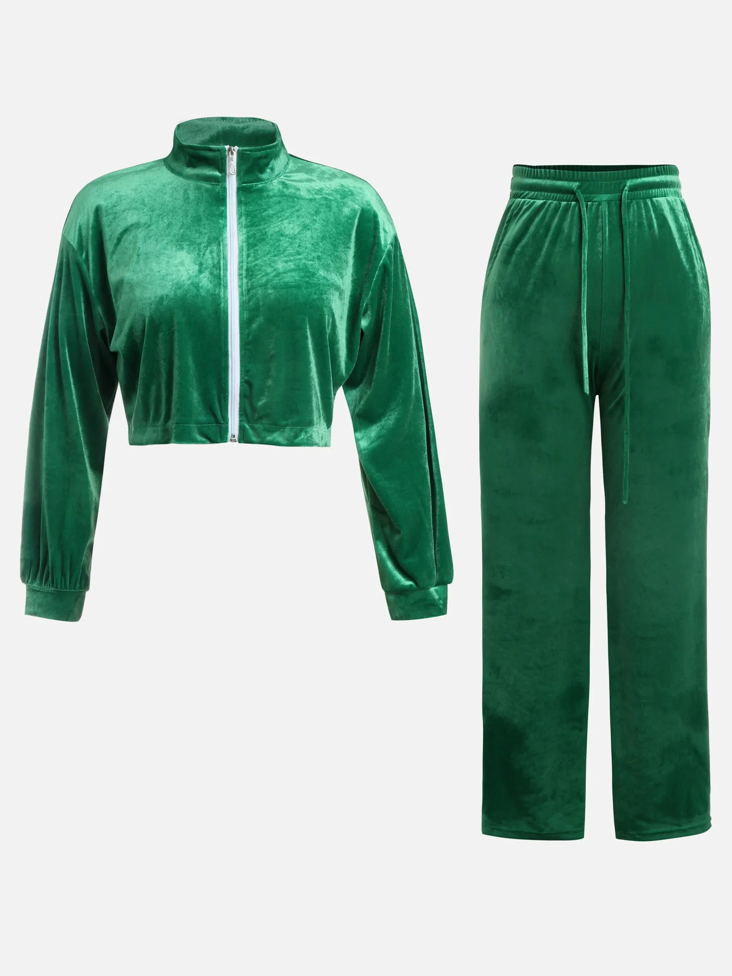 Velvet Casual Semi-Cropped Jacket & Elastic Waist Wide-Leg Trousers Set