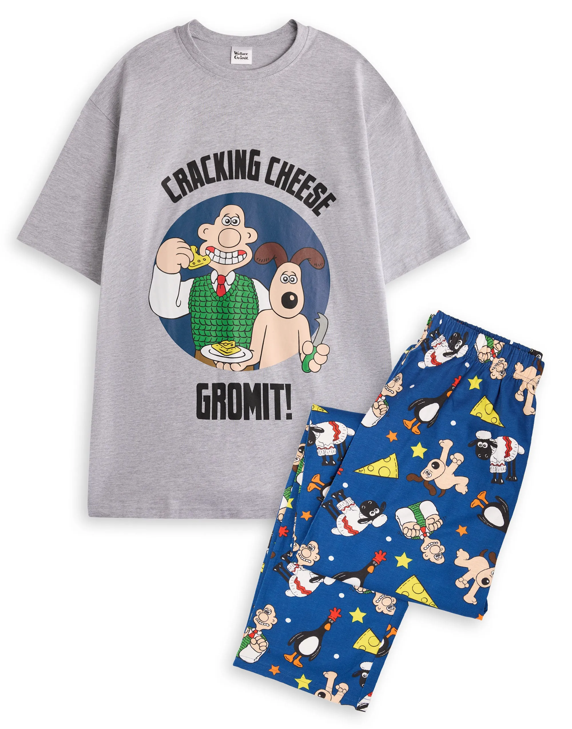 Wallace And Gromit Mens Grey Short Sleeve Long Leg Pyjamas