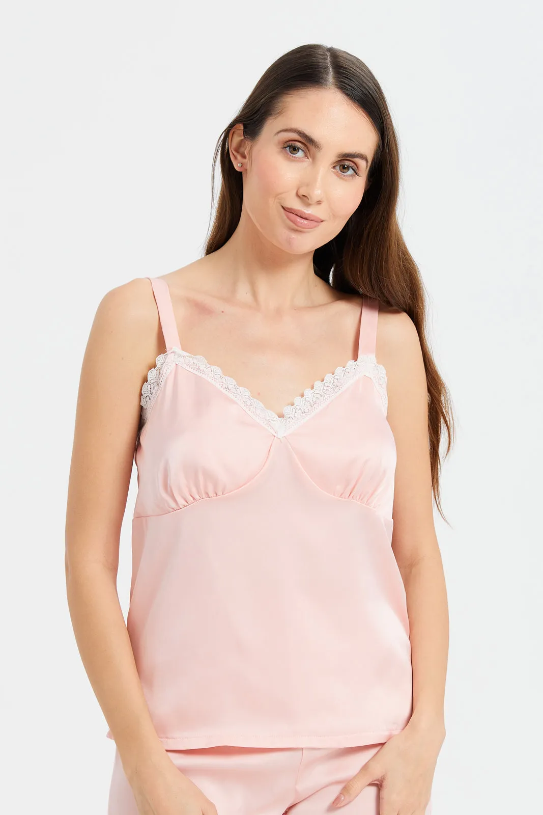 Women Pink Satin With Lace Cami Set (2 Piece)