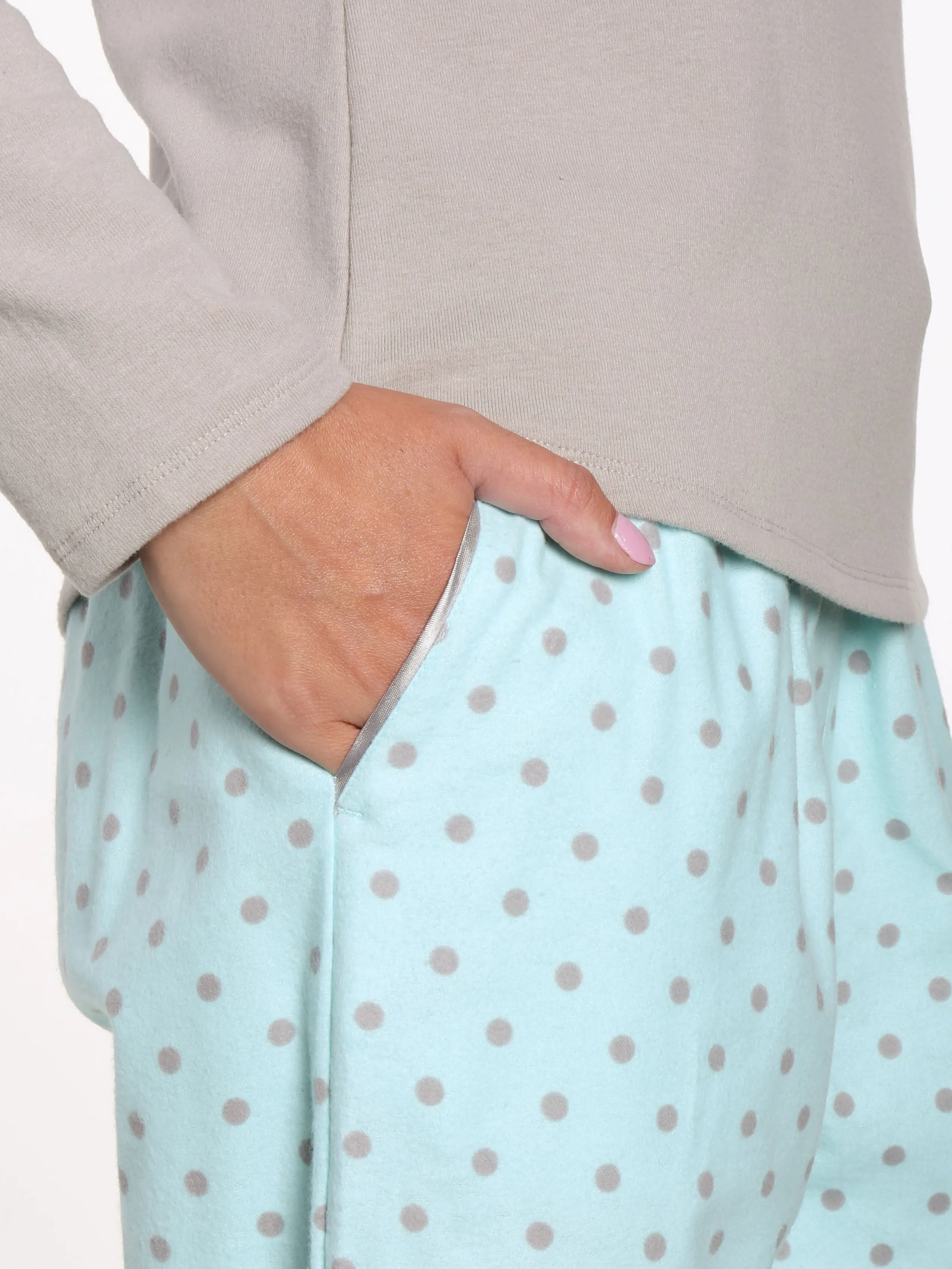 Womens Premium Cotton Flannel Loungewear Set - Dots Diva Aqua-Gray