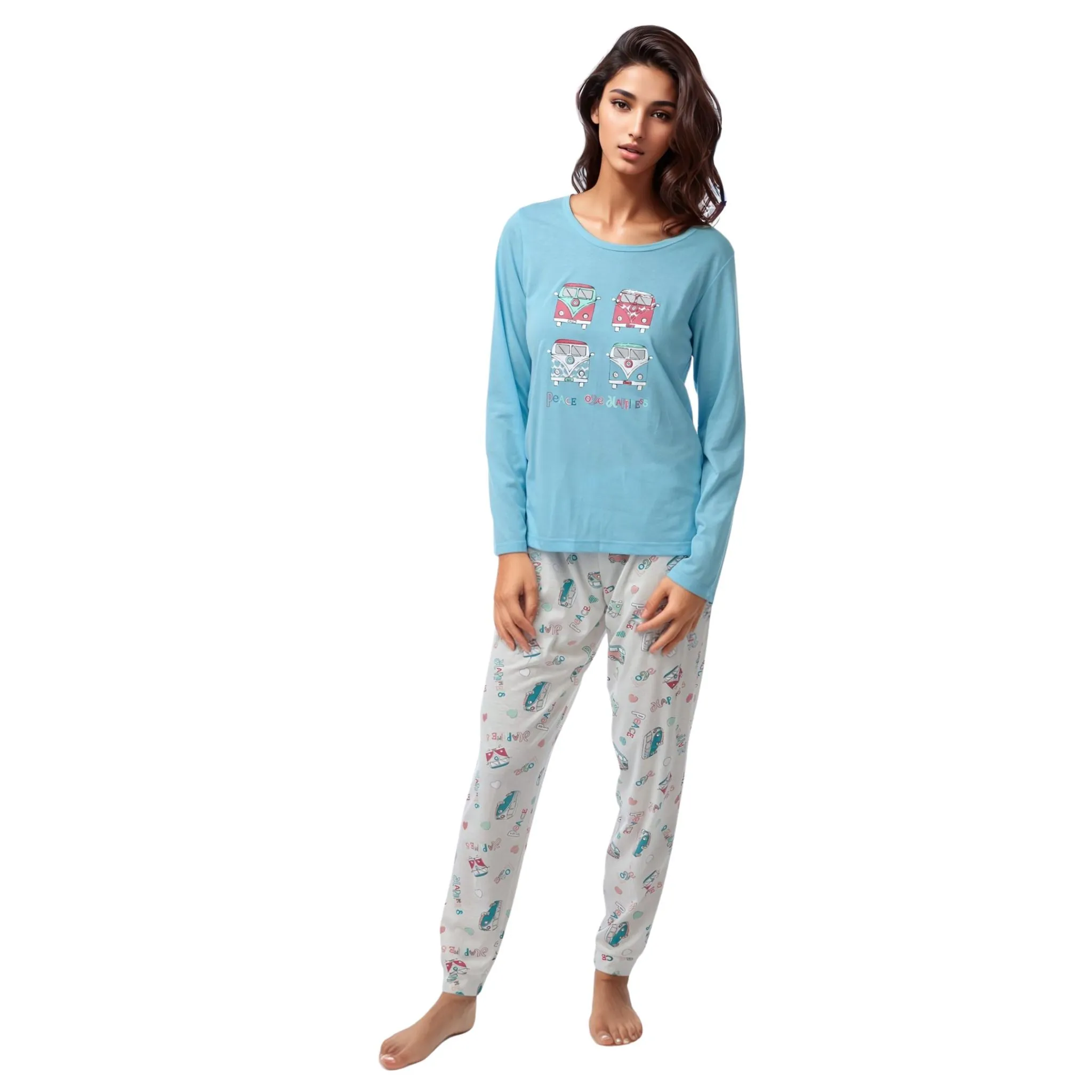 Women's Pyjamas Long Sleeved Loungewear Nightwear in blue and coral