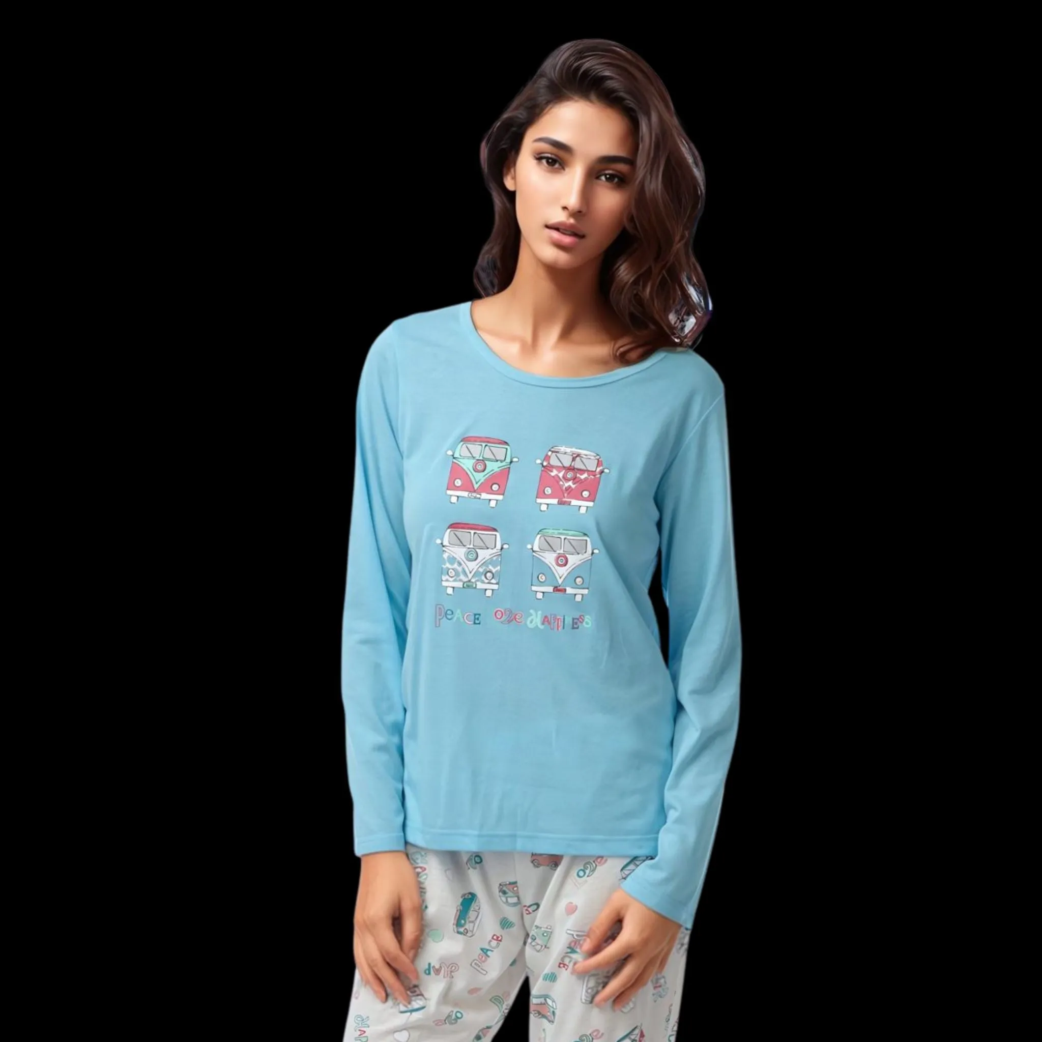 Women's Pyjamas Long Sleeved Loungewear Nightwear in blue and coral