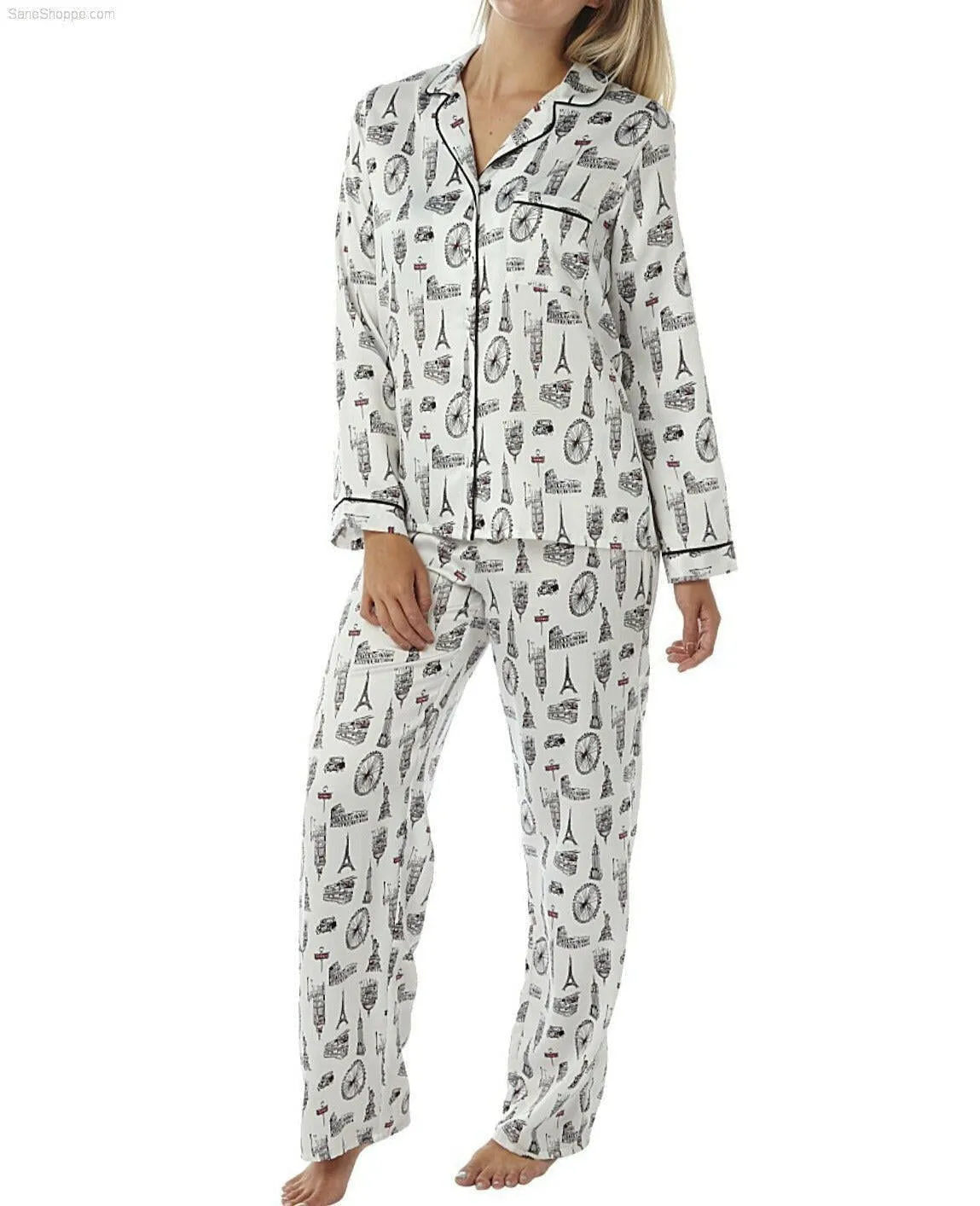 Women’s Satin Pyjamas Long Sleeve Nightwear Loungewear Set City Print