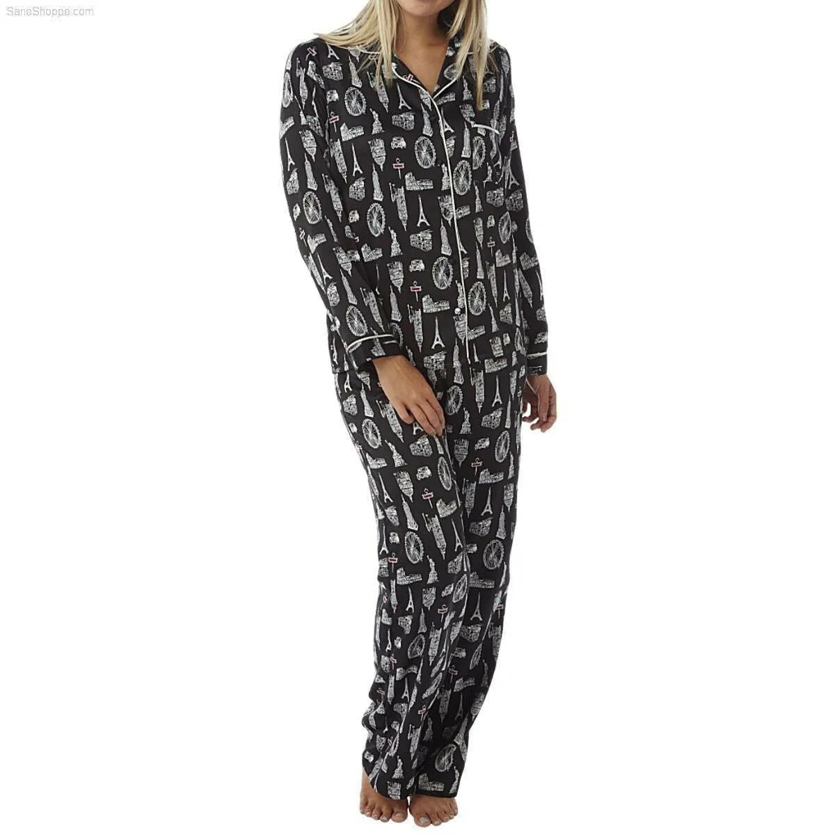 Women’s Satin Pyjamas Long Sleeve Nightwear Loungewear Set City Print