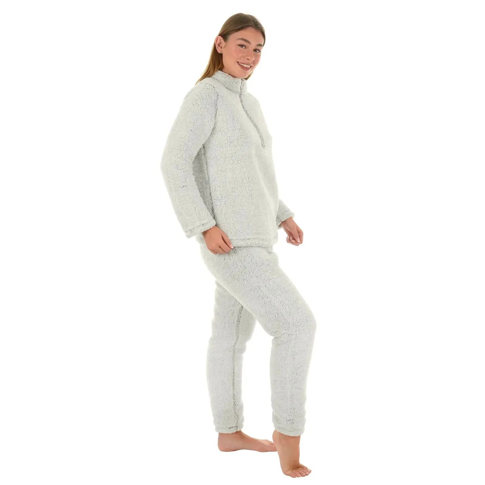 Womens Sherpa Fleece Pyjamas PJs Twosie Plush Loungewear Grey