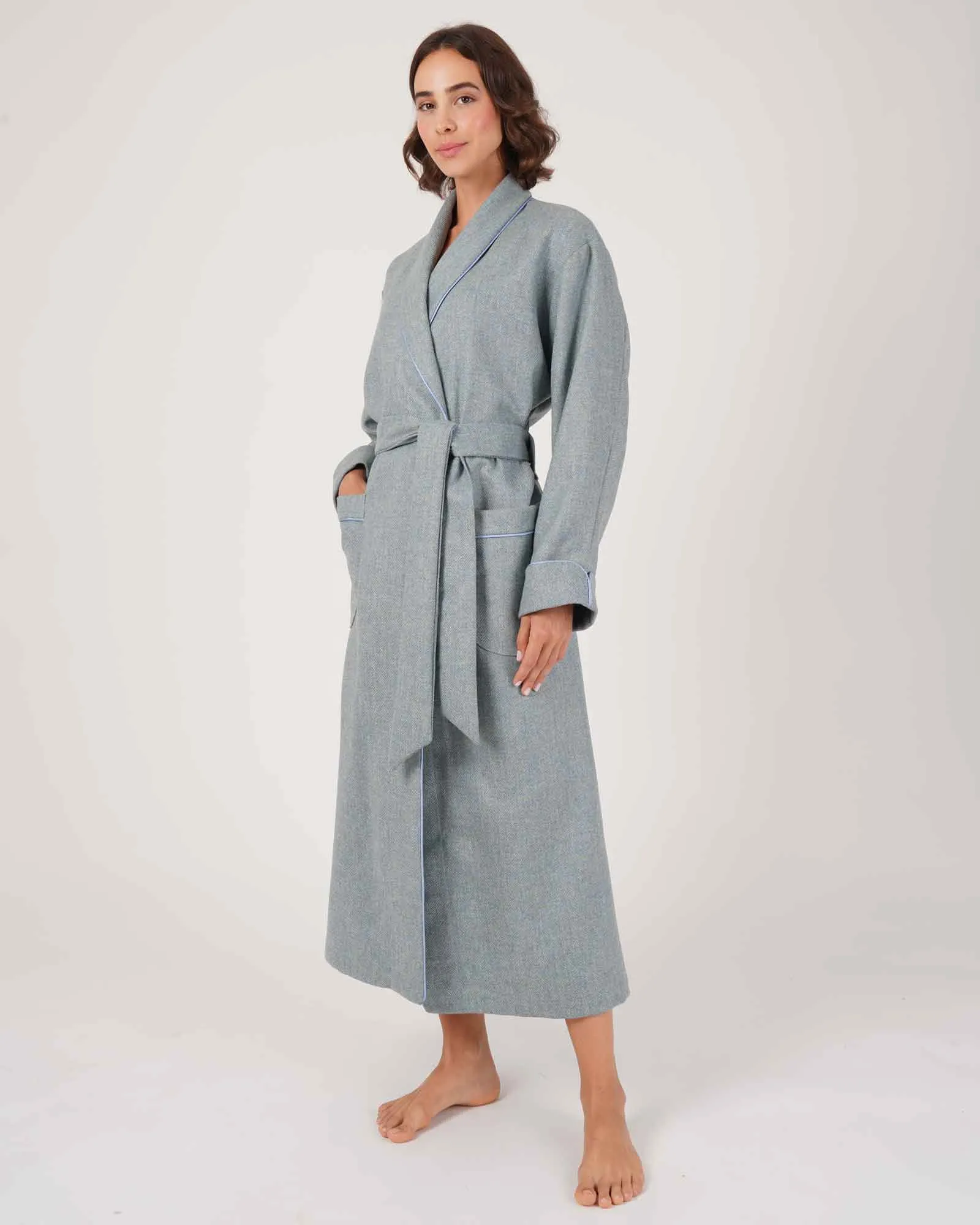 Women's Silk-Lined Wool Robe - Wiston Herringbone