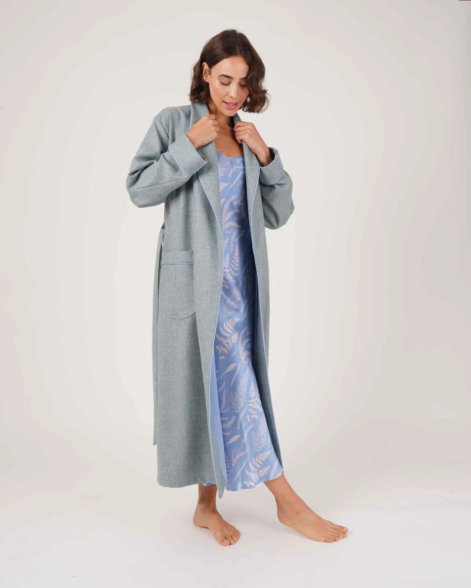 Women's Silk-Lined Wool Robe - Wiston Herringbone